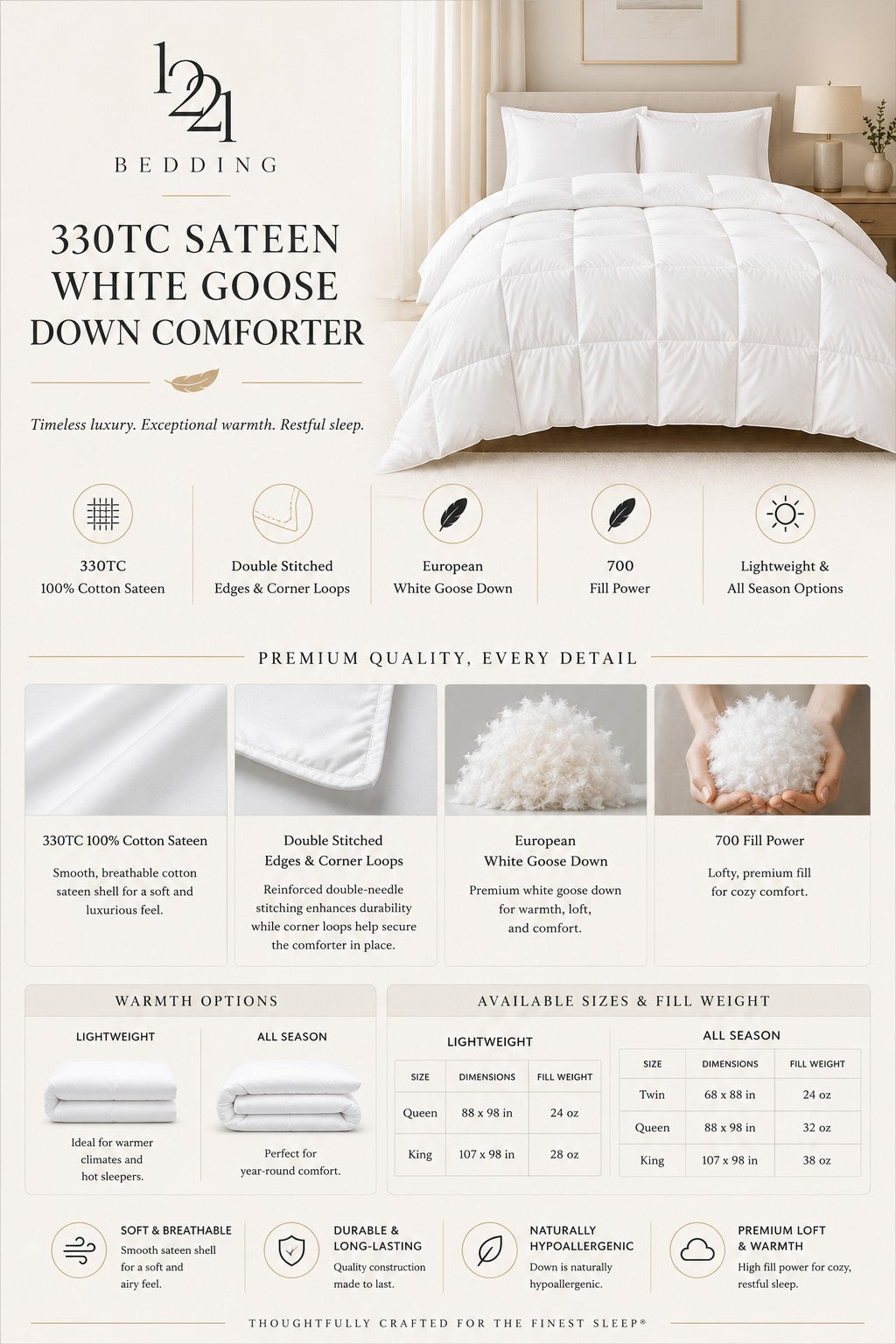 330TC Sateen White Goose Down Comforter