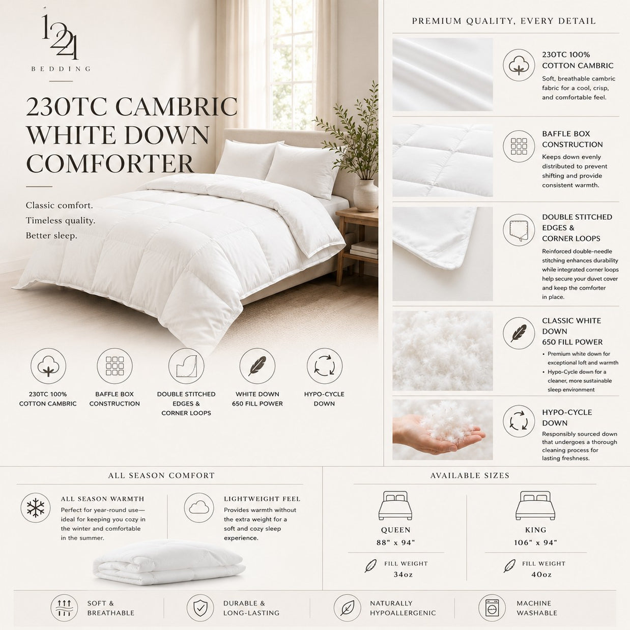230TC Cambric White Down Comforter