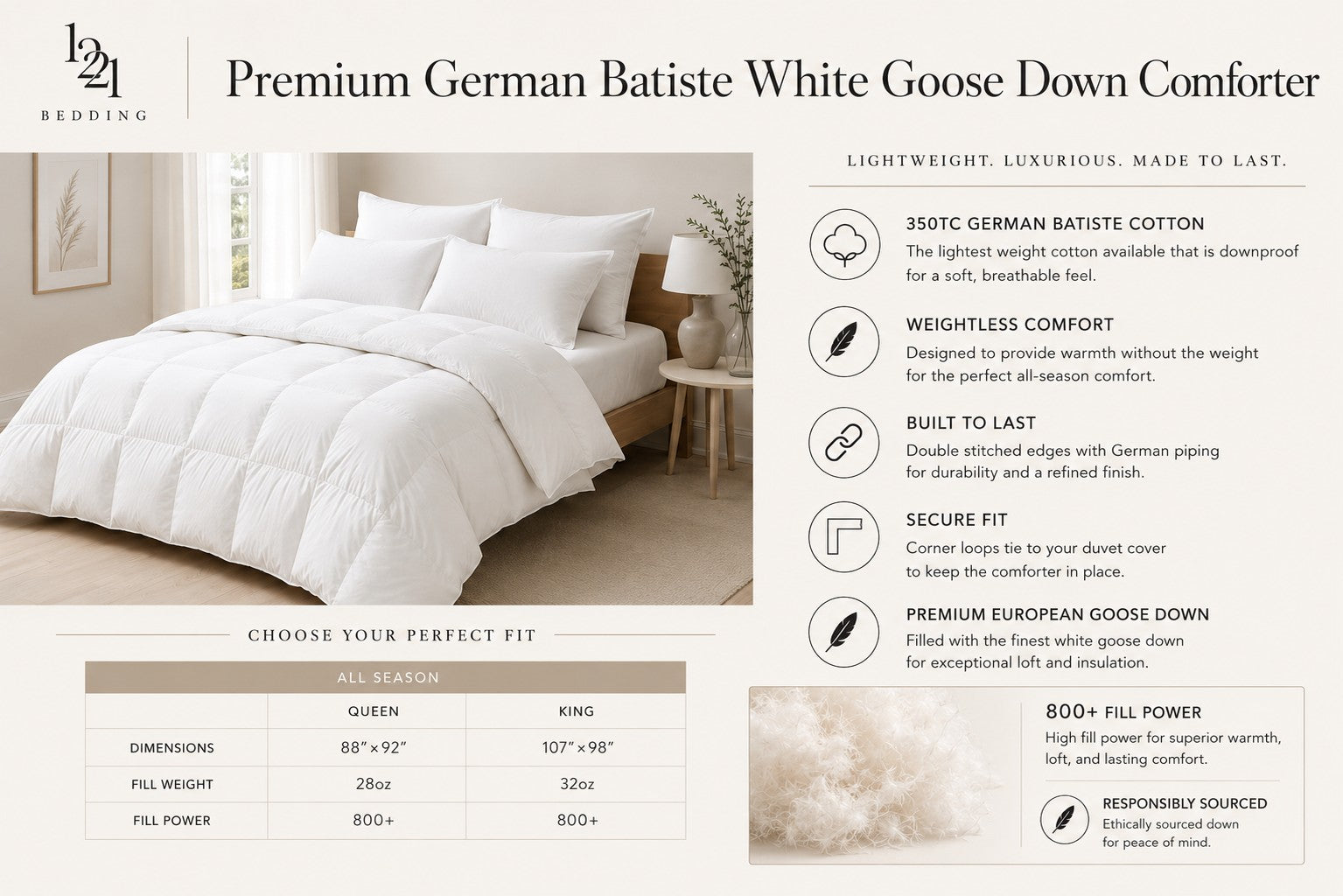 Premium German Batiste White Goose Down Comforter