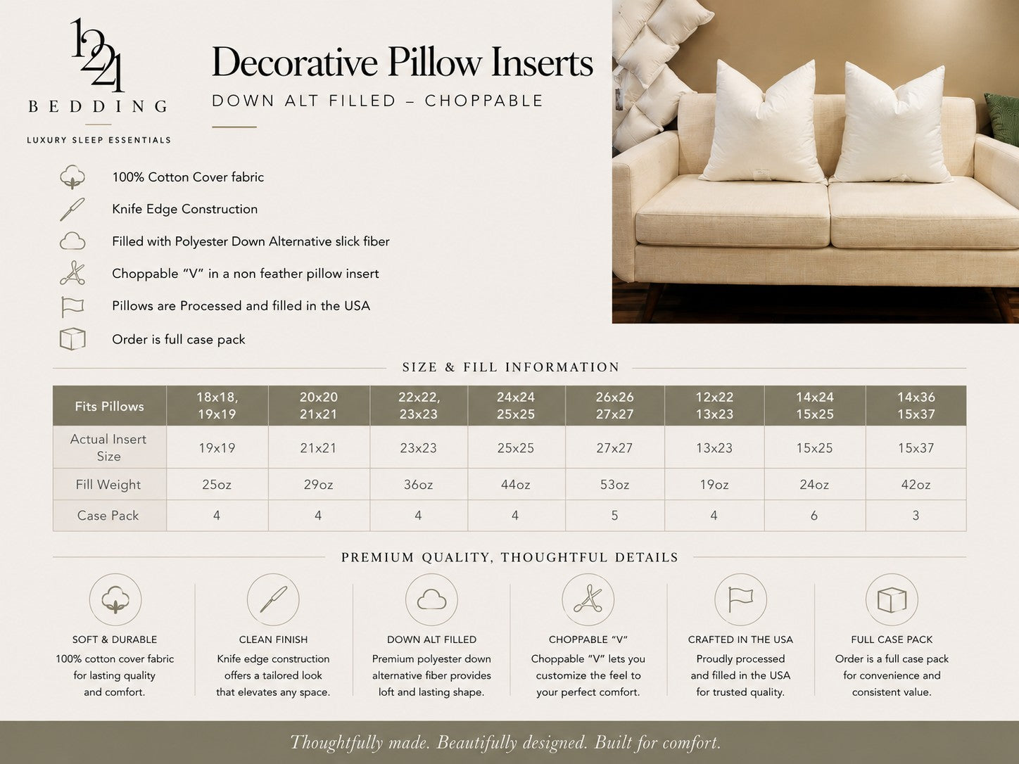 Decorative Pillow Inserts | Choppable Down Alt Filled