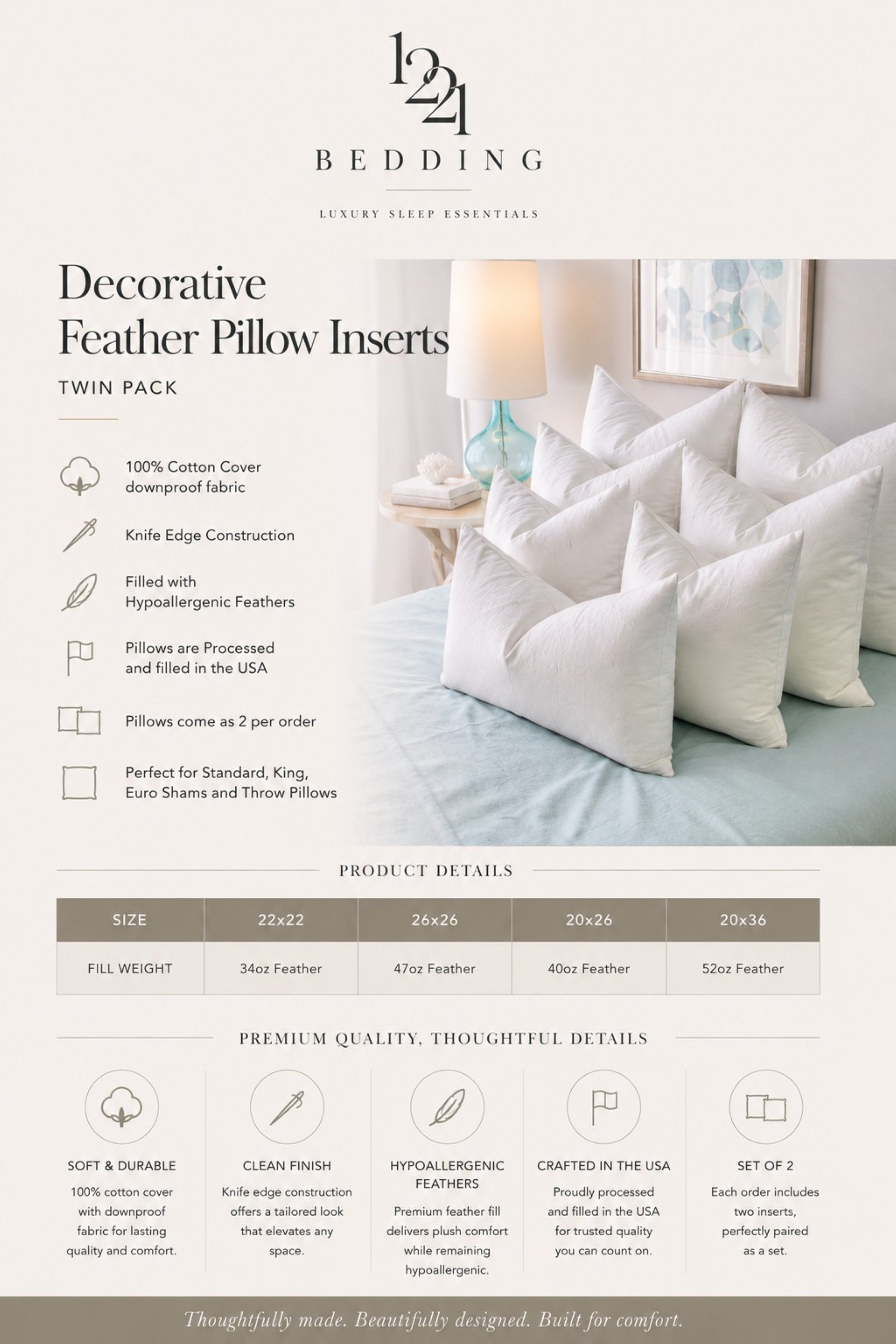 Decorative Pillow Inserts | Feather Filled - Twin Pack