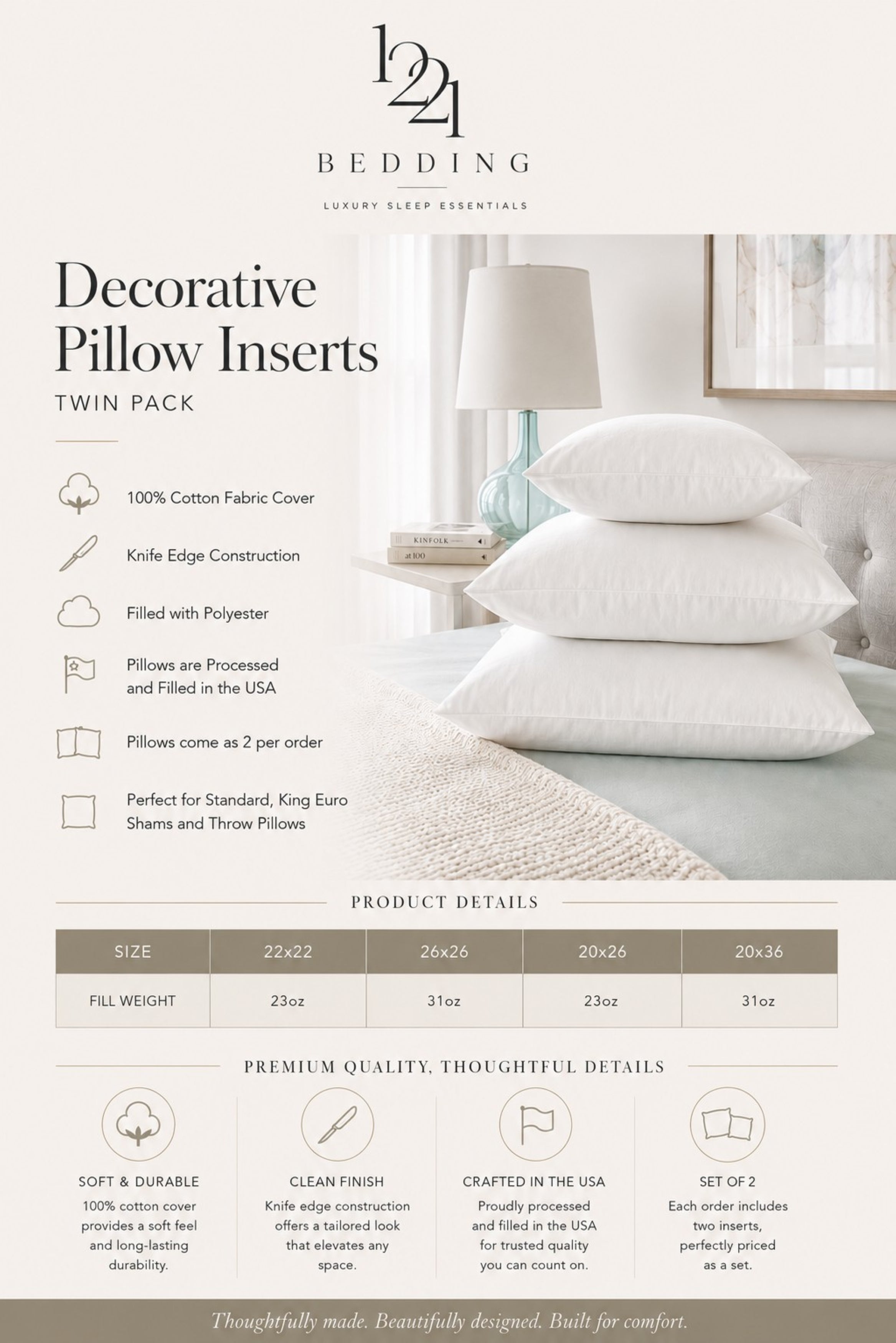 Decorative Pillow Inserts | Poly Filled - Twin Pack