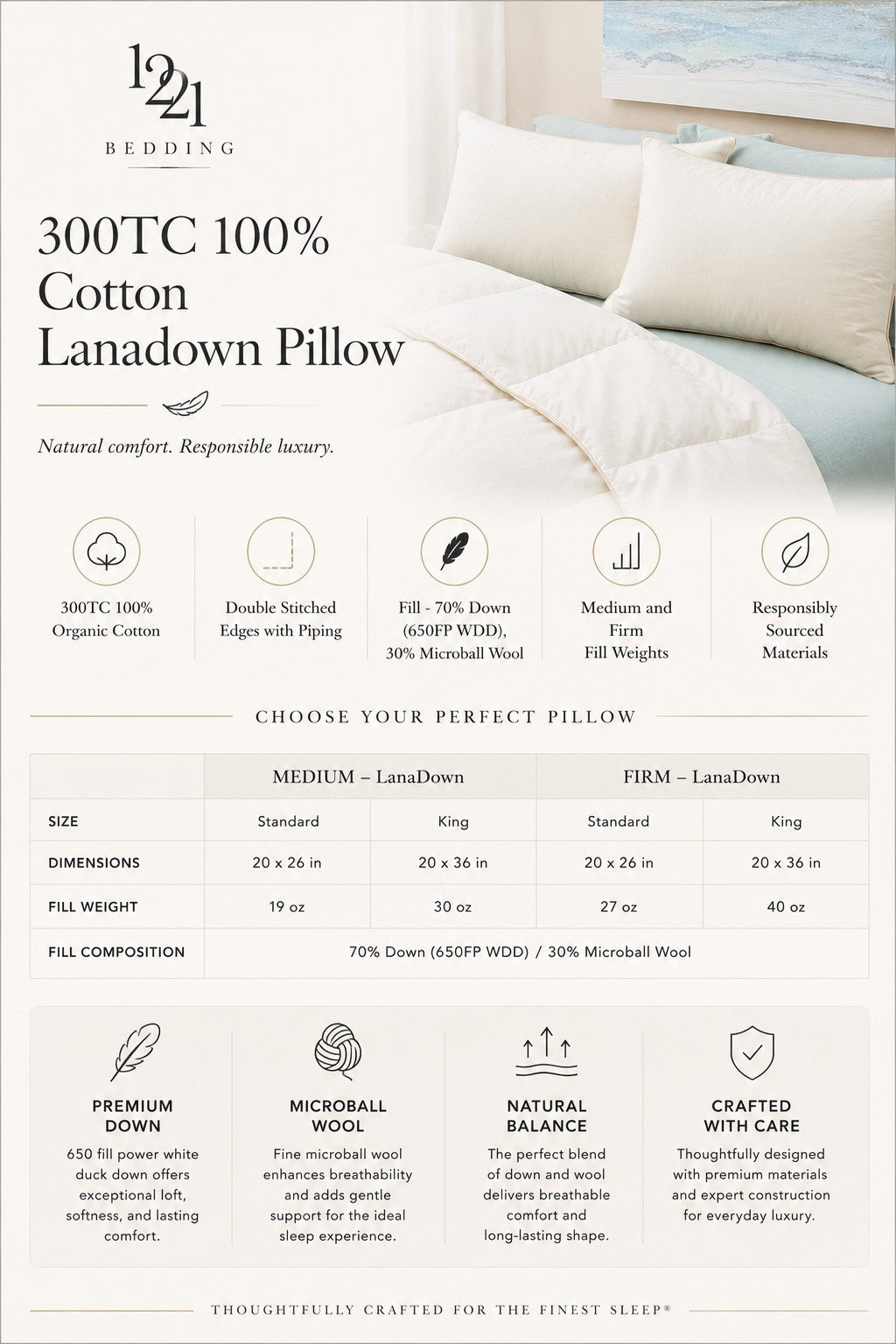 300TC 100% Cotton Lanadown Pillow