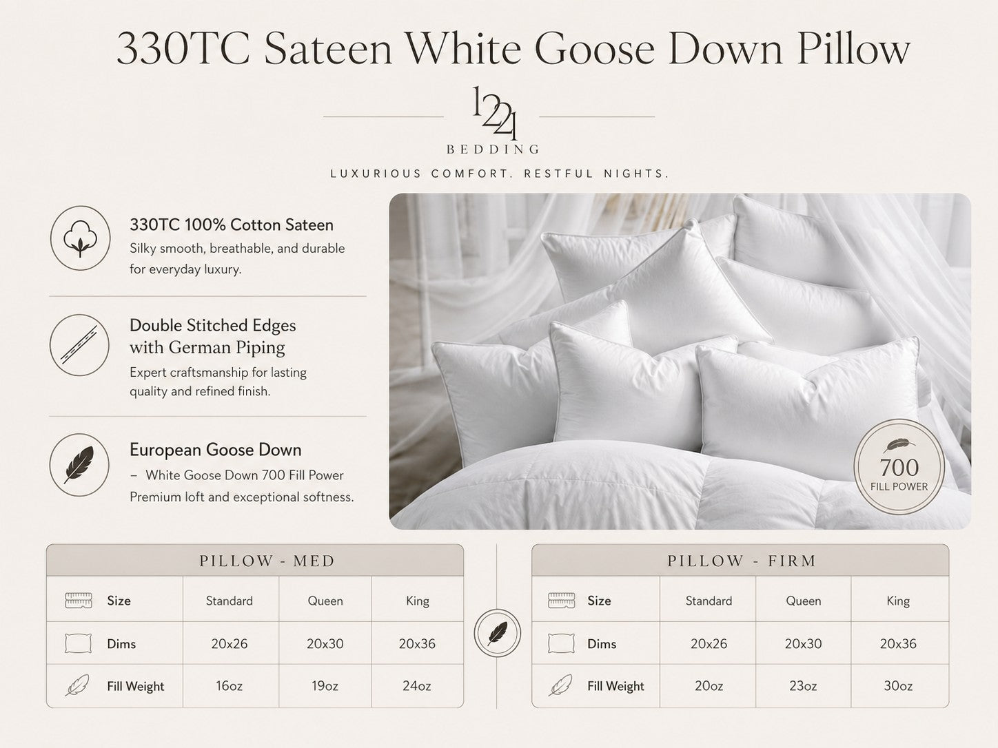 330TC Sateen White Goose Down Pillow
