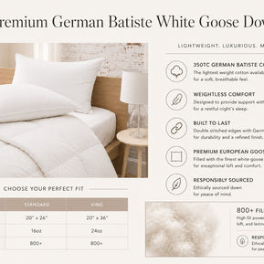 Premium German Batiste White Goose Down Pillow