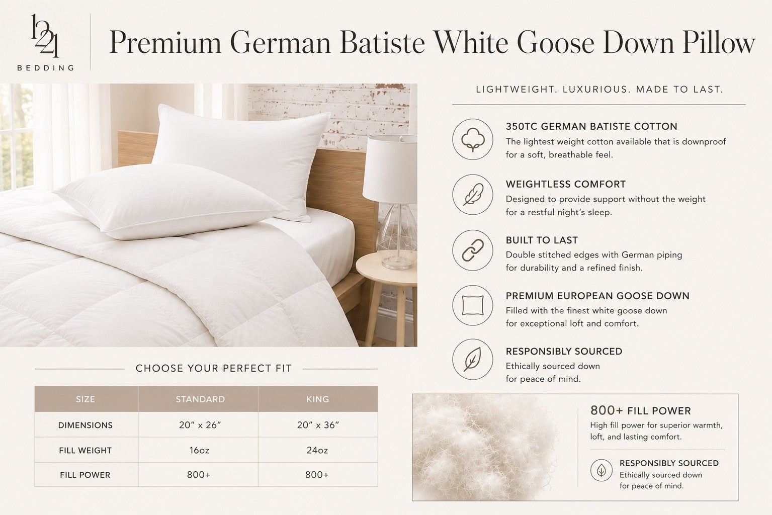 Premium German Batiste White Goose Down Pillow